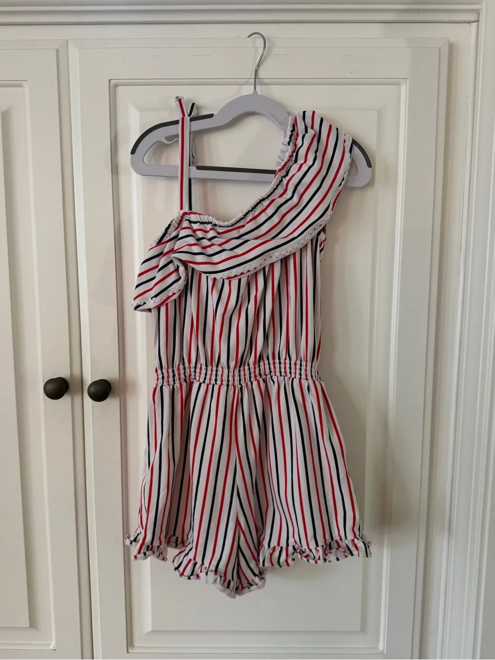 Janie & Jack Red White & Blue Striped Ruffle Romper, Size 8